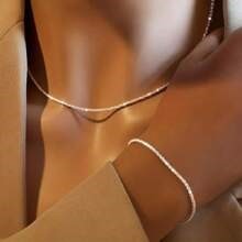 2pcs/Set Minimalist Shiny Silver Copper Bracelet And Necklace Set For Women, Dating And Vacation Gift