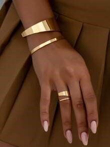 1 Set Simple And Versatile Geometric Hollow Double Layer Bangle And Ring Women's Jewelry Set, Holiday Gift