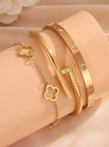 2PCS Classic Luxury Clover Bracelet Set, Fashionable Jewelry Suit For Women, Suitable For Daily Wear And Gift Giving