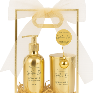 Gold Line kaars en body milk geschenkset in doorschijnende zak