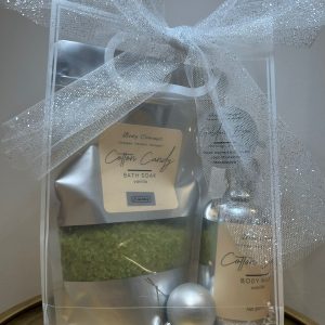 Transparante gift bag met body lotion en badzout in verschillende geuren